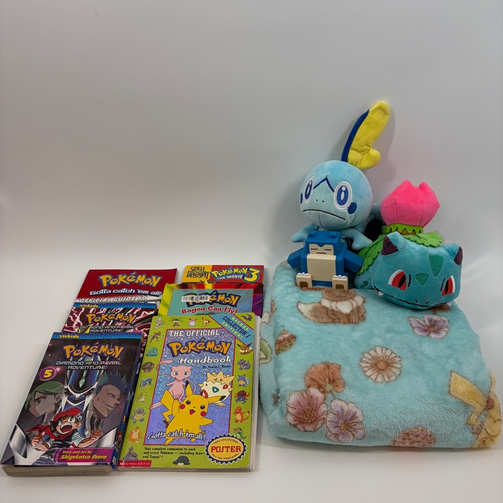 Pokemon Lot Eevee Blanket Ivysaur Sobble Plush Snorlax Figure Manga Handbook